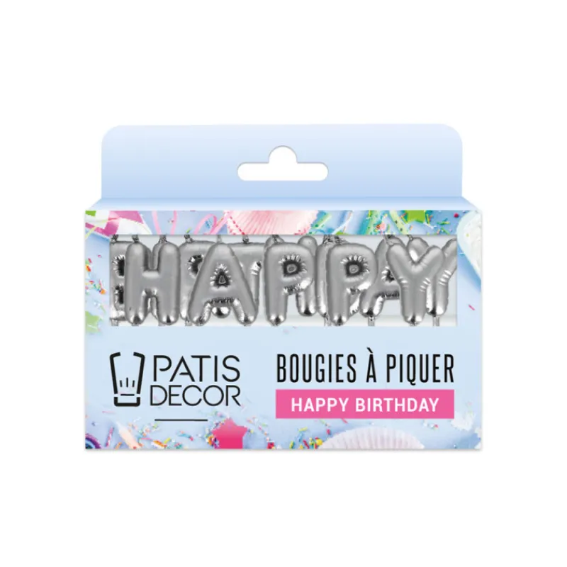 Cerf Dellier Bougies à piquer "Happy Birthday" argentées