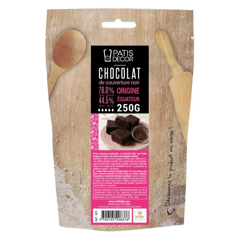Cerf Dellier Chocolat de Couverture Noir origine Equateur 76 % 250 g