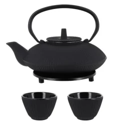 Cerf Dellier Coffret théière + tasses à rayures en fer noir - 800 ml