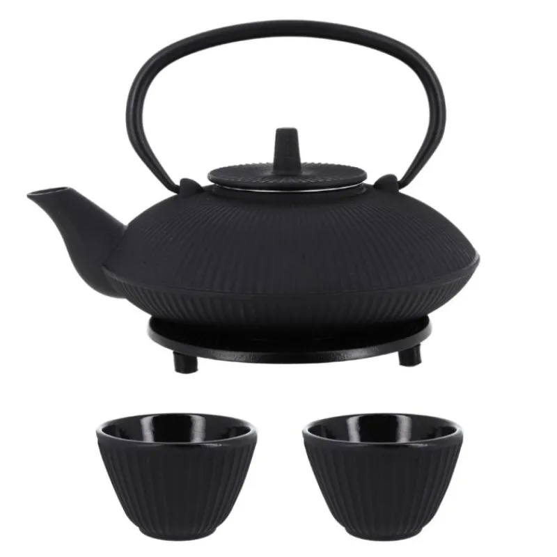 Cerf Dellier Coffret théière + tasses à rayures en fer noir - 800 ml