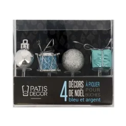 Cerf Dellier Décors de Noël assortis bleu argent sur pique (x4)