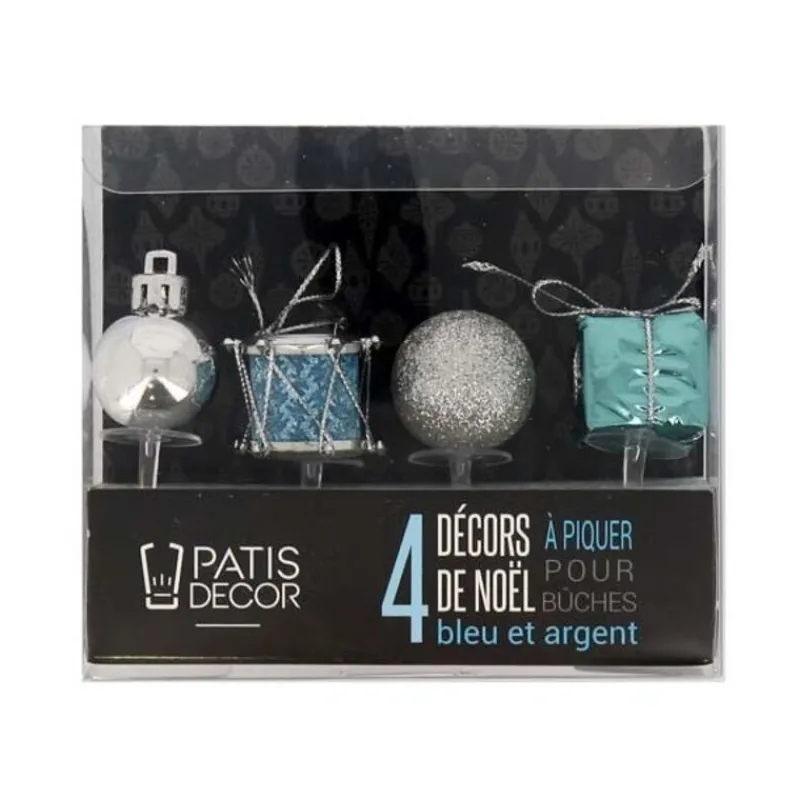 Cerf Dellier Décors de Noël assortis bleu argent sur pique (x4)