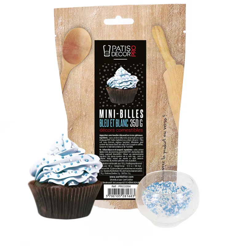 Cerf Dellier Décors mini billes bleues et blanches comestibles 350 g